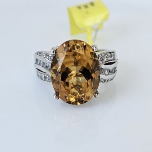 Natural Citrine & Zircon Ring Sterling Silver Platinum Overlay Size 7